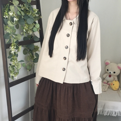 간절기 카라 빅버튼 오버핏 모리걸 긴팔 워크 숏 자켓 진베이지
