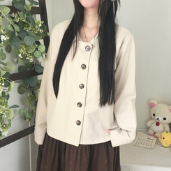 간절기 카라 빅버튼 오버핏 모리걸 긴팔 워크 숏 자켓 진베이지