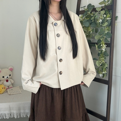 간절기 카라 빅버튼 오버핏 모리걸 긴팔 워크 숏 자켓 진베이지