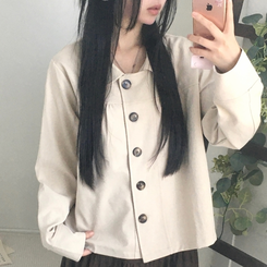간절기 카라 빅버튼 오버핏 모리걸 긴팔 워크 숏 자켓 진베이지