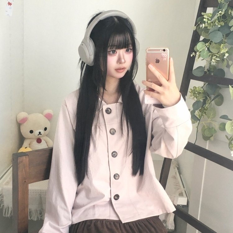 간절기 카라 빅버튼 오버핏 모리걸 긴팔 워크 숏 자켓 핑크