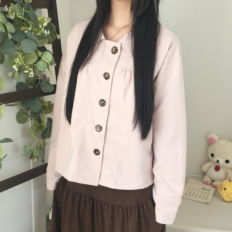 간절기 카라 빅버튼 오버핏 모리걸 긴팔 워크 숏 자켓 핑크
