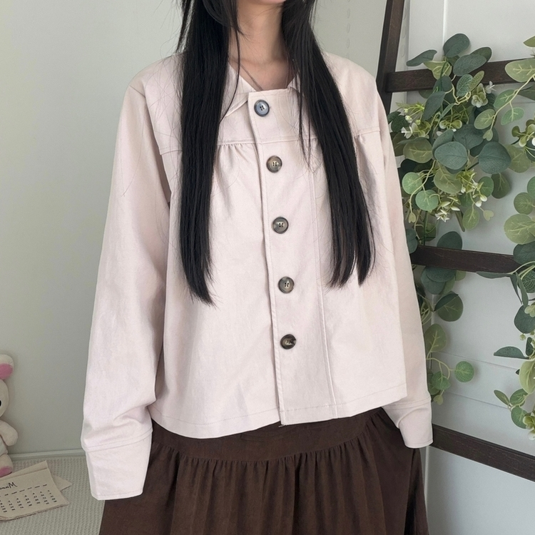 간절기 카라 빅버튼 오버핏 모리걸 긴팔 워크 숏 자켓 핑크