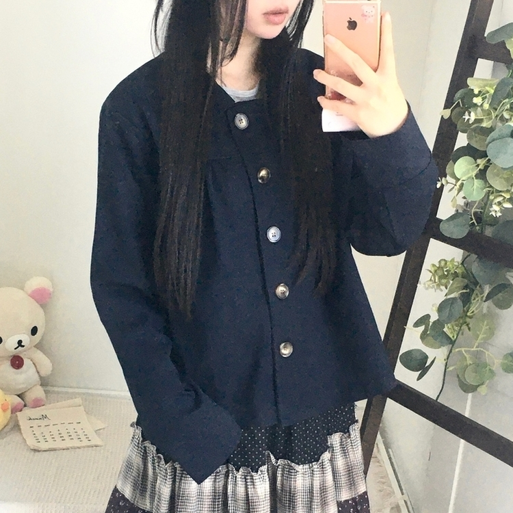 간절기 카라 빅버튼 오버핏 모리걸 긴팔 워크 숏 자켓 곤색