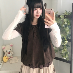 동글 버튼 홍콩카라 붕방 구름 핏 반팔 블라우스 레이어드 조끼 스웨이 밤색