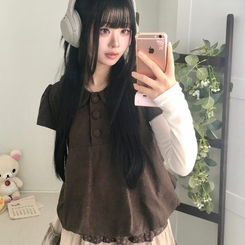 동글 버튼 홍콩카라 붕방 구름 핏 반팔 블라우스 레이어드 조끼 스웨이 밤색