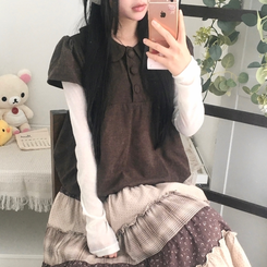 동글 버튼 홍콩카라 붕방 구름 핏 반팔 블라우스 레이어드 조끼 스웨이 밤색