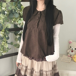 동글 버튼 홍콩카라 붕방 구름 핏 반팔 블라우스 레이어드 조끼 스웨이 밤색