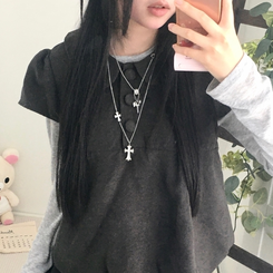 동글 버튼 홍콩카라 붕방 구름 핏 반팔 블라우스 레이어드 조끼 스웨이 먹색