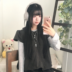 동글 버튼 홍콩카라 붕방 구름 핏 반팔 블라우스 레이어드 조끼 스웨이 먹색