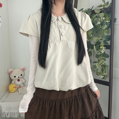 동글 버튼 홍콩카라 붕방 구름 핏 반팔 블라우스 레이어드 조끼 스웨이 베이지