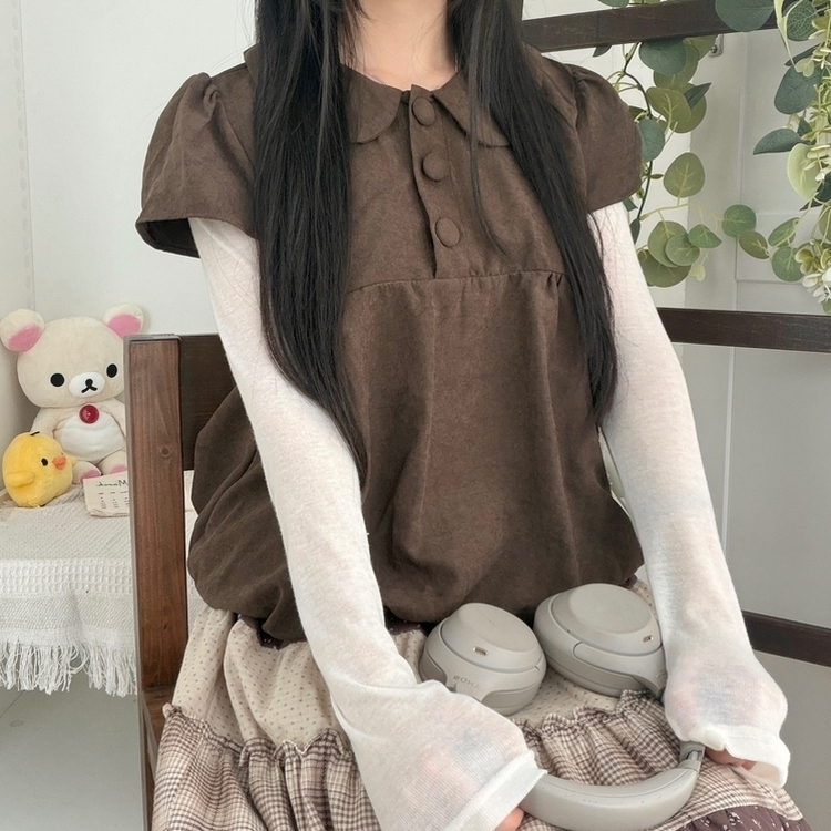 동글 버튼 홍콩카라 붕방 구름 핏 반팔 블라우스 레이어드 조끼 스웨이 밤색