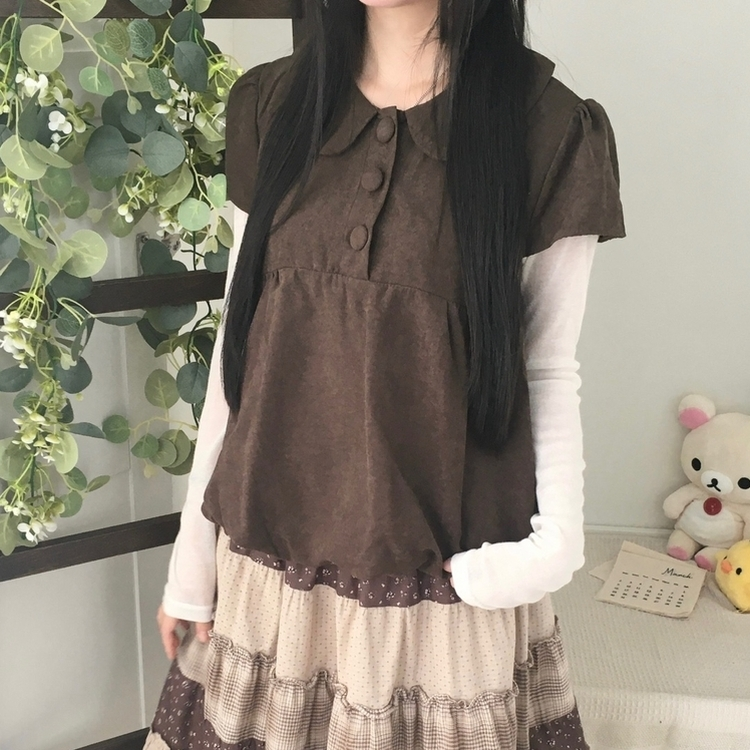 동글 버튼 홍콩카라 붕방 구름 핏 반팔 블라우스 레이어드 조끼 스웨이 밤색