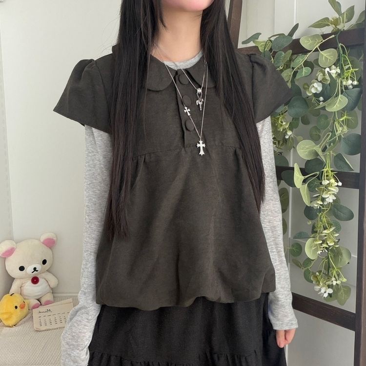 동글 버튼 홍콩카라 붕방 구름 핏 반팔 블라우스 레이어드 조끼 스웨이 먹색