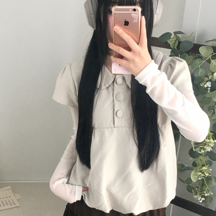 동글 버튼 홍콩카라 붕방 구름 핏 반팔 블라우스 레이어드 조끼 스웨이 베이지