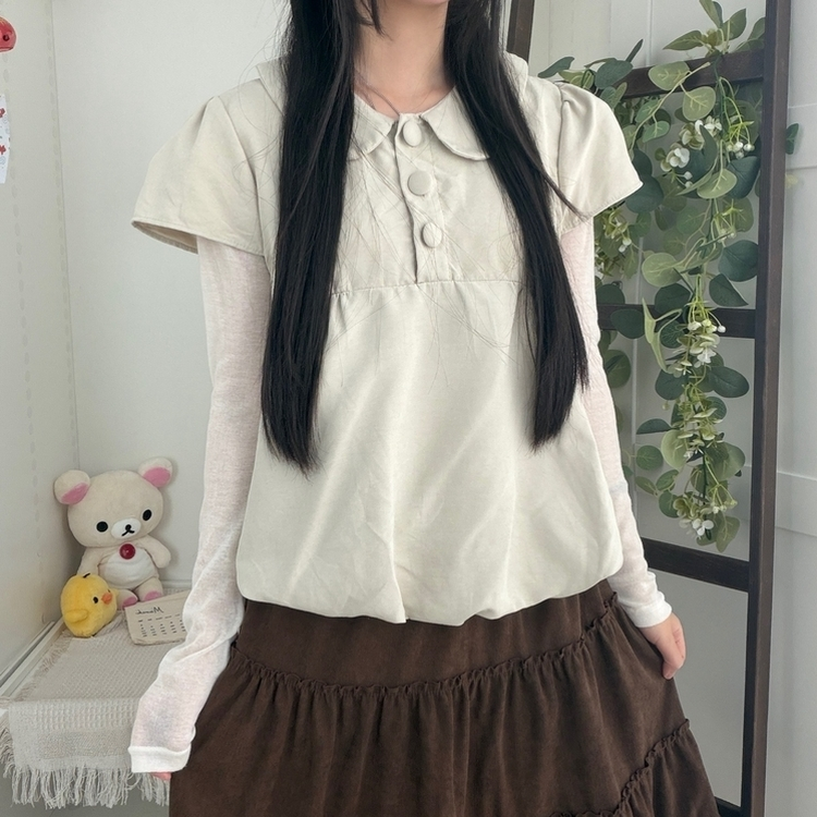 동글 버튼 홍콩카라 붕방 구름 핏 반팔 블라우스 레이어드 조끼 스웨이 베이지