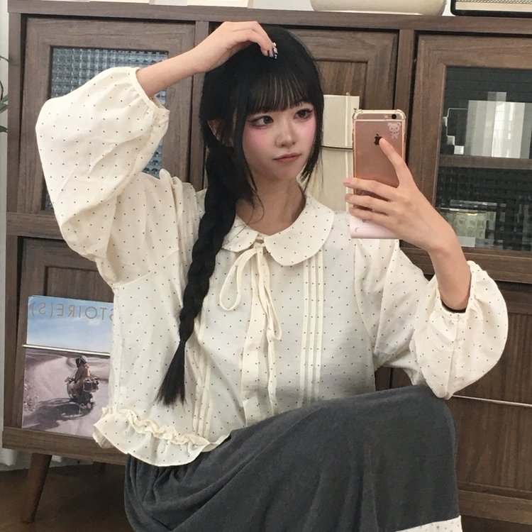 쿠키 도트 핀턱 리본 긴팔 빈티지 블라우스 가을 하객룩 3color 베이지