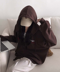 가을 필수템넘버링 투웨이 빈티지 자수 루즈핏 후드 집업 긴팔티 브라운