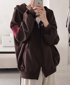 가을 필수템넘버링 투웨이 빈티지 자수 루즈핏 후드 집업 긴팔티 브라운