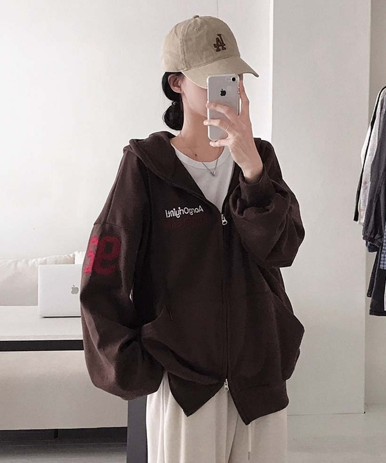 가을 필수템넘버링 투웨이 빈티지 자수 루즈핏 후드 집업 긴팔티 브라운