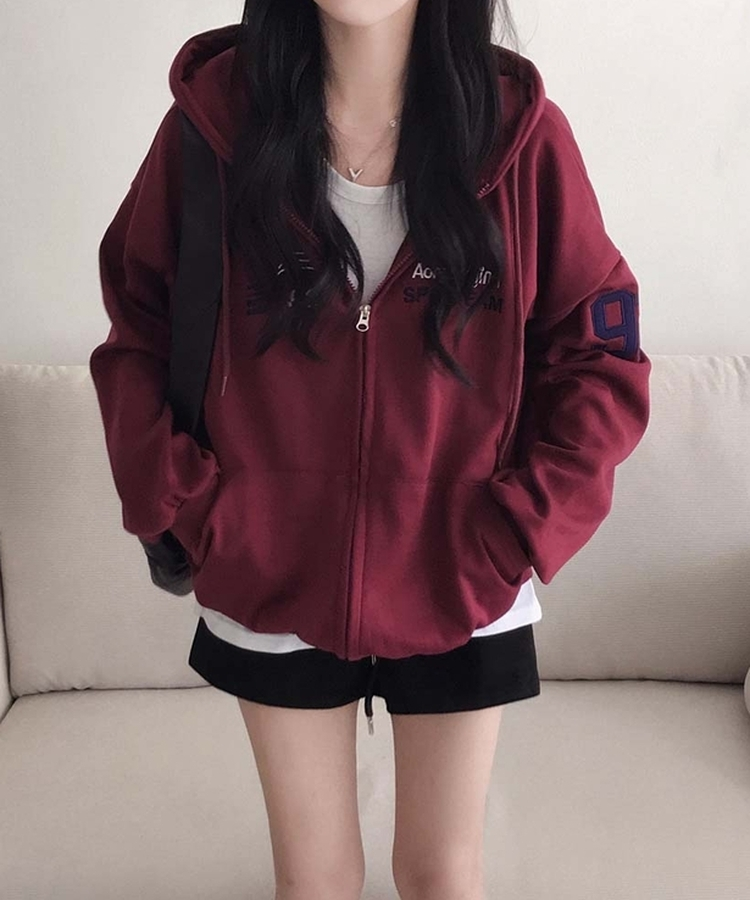 가을 필수템넘버링 투웨이 빈티지 자수 루즈핏 후드 집업 긴팔티 레드