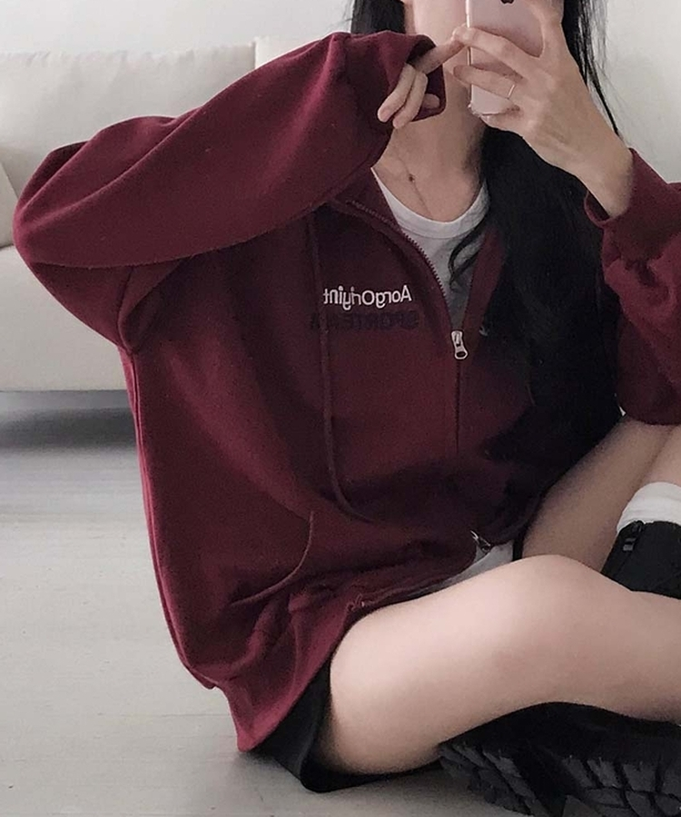 가을 필수템넘버링 투웨이 빈티지 자수 루즈핏 후드 집업 긴팔티 레드