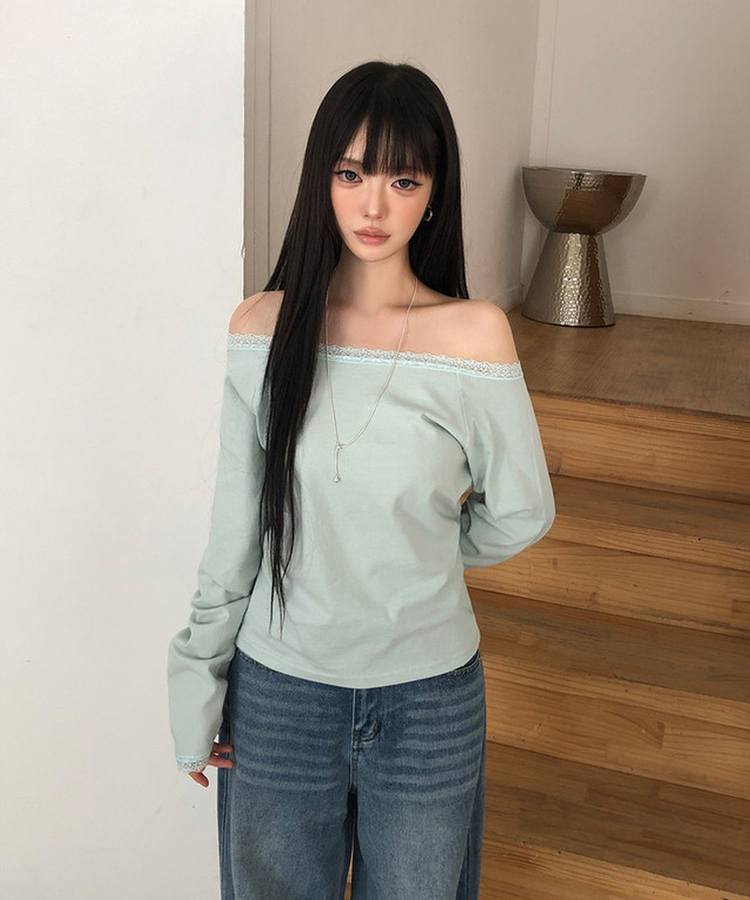 レースオフショルダー長袖Tシャツ｜長袖Tシャツ｜韓国ファッション通販