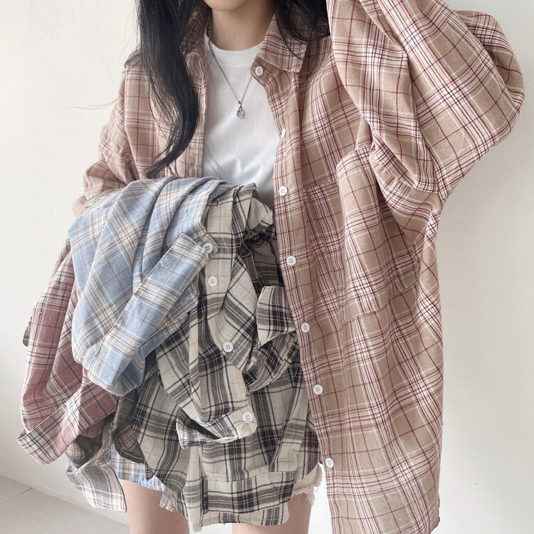 オーバーサイズチェックシャツ BEIGE