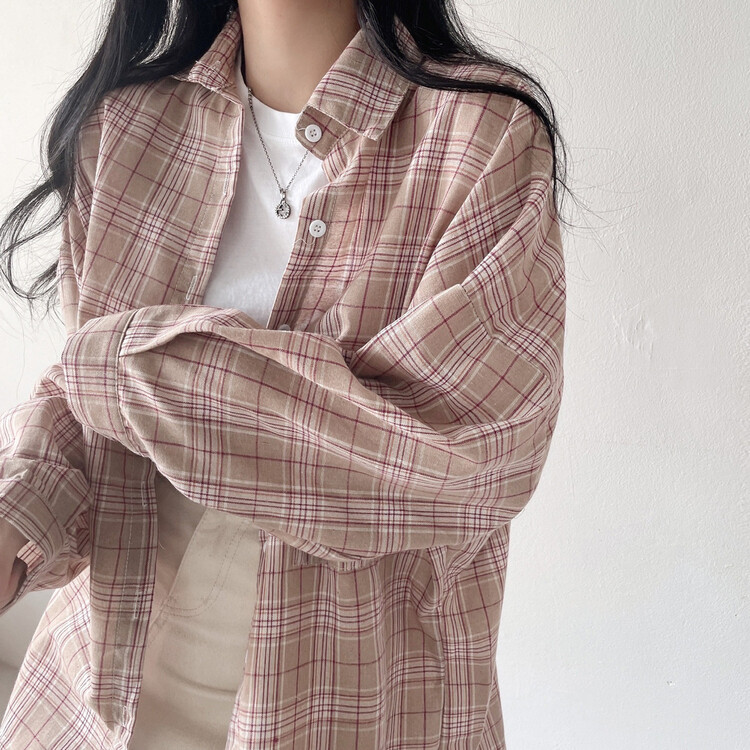オーバーサイズチェックシャツ BEIGE