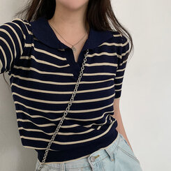 半袖Tシャツ オープンカラーストライプTシャツ NAVY