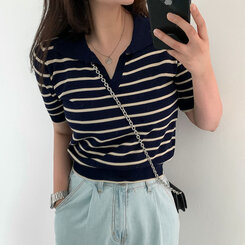 半袖Tシャツ オープンカラーストライプTシャツ NAVY