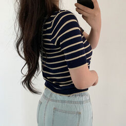 半袖Tシャツ オープンカラーストライプTシャツ NAVY