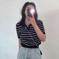 半袖Tシャツ オープンカラーストライプTシャツ NAVY