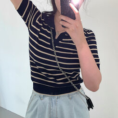半袖Tシャツ オープンカラーストライプTシャツ NAVY