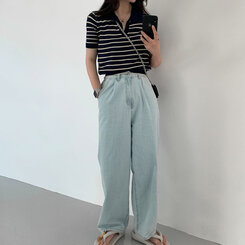 半袖Tシャツ オープンカラーストライプTシャツ NAVY