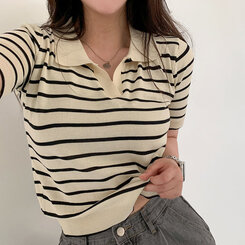 半袖Tシャツ オープンカラーストライプTシャツ BEIGE