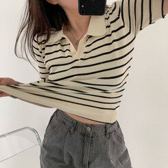 半袖Tシャツ オープンカラーストライプTシャツ BEIGE
