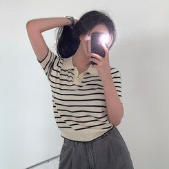 半袖Tシャツ オープンカラーストライプTシャツ BEIGE
