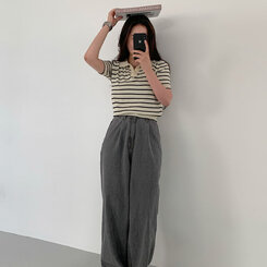 半袖Tシャツ オープンカラーストライプTシャツ BEIGE