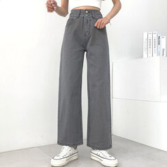 [再入荷完了]ハイウエストストレートデニムパンツ グレー