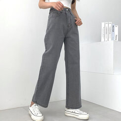 [再入荷完了]ハイウエストストレートデニムパンツ グレー
