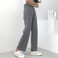 [再入荷完了]ハイウエストストレートデニムパンツ グレー