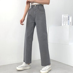 [再入荷完了]ハイウエストストレートデニムパンツ グレー