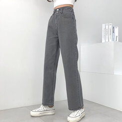 [再入荷完了]ハイウエストストレートデニムパンツ グレー