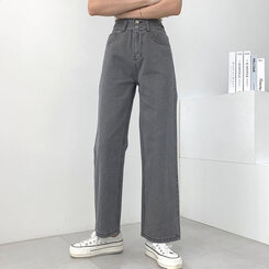 [再入荷完了]ハイウエストストレートデニムパンツ グレー