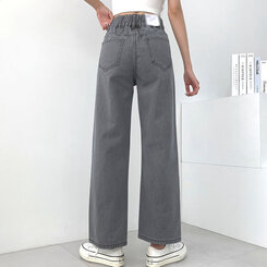 [再入荷完了]ハイウエストストレートデニムパンツ グレー