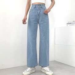 [再入荷完了]ハイウエストストレートデニムパンツ ライトブルー