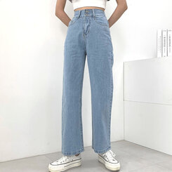 [再入荷完了]ハイウエストストレートデニムパンツ ライトブルー