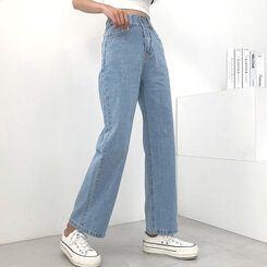 [再入荷完了]ハイウエストストレートデニムパンツ ライトブルー