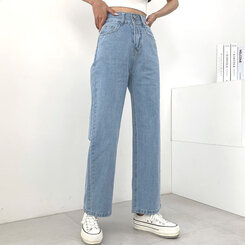 [再入荷完了]ハイウエストストレートデニムパンツ ライトブルー